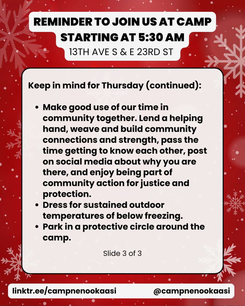 REMINDER: Community, neighbors, faith leaders, and elected officials will be holding space, sharing food, and participating in ceremony to protect Nenookaasi Healing Camp

*Thursday morning (1/4) beginning at 5:30am at 13th Ave S &amp; E 23rd St, Minneapolis*