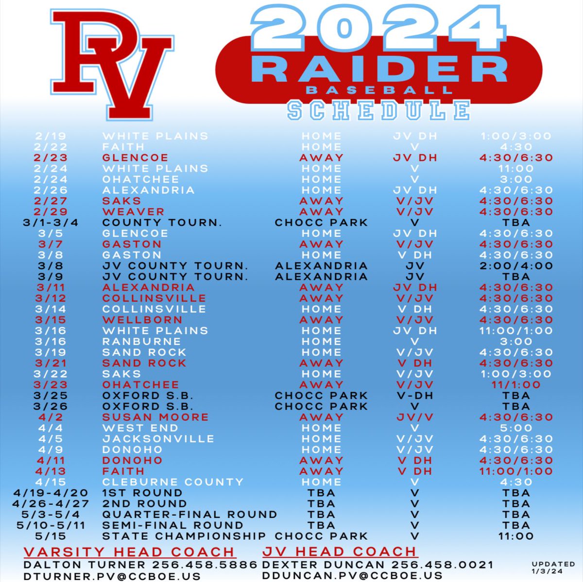 2024 Pleasant Valley High School Baseball Schedule
