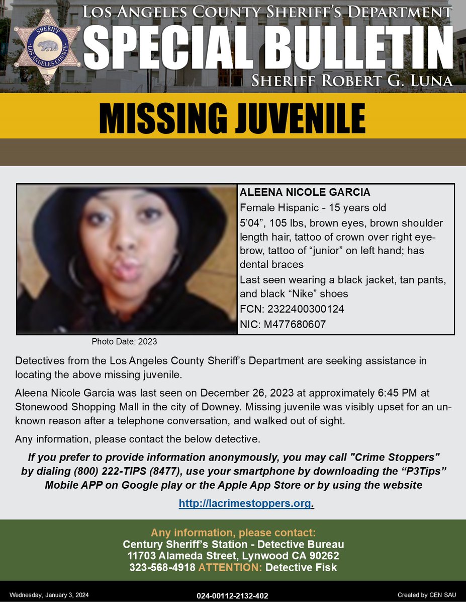 #LASD is Asking for the Public’s Help Locating Missing Juvenile Aleena Nicole Garcia #Downey local.nixle.com/alert/10537393/ Any information, please contact Century Station at (323) 568-4800.