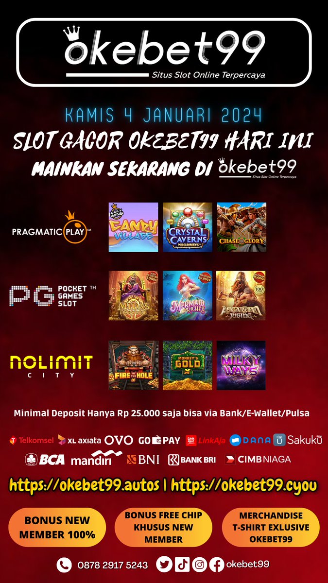 okebet99's tweet photo. INFO SLOT GACOR HARI INI GAMPANG MENANG DI OKEBET99 💸
Mainkan Games Gacor hari ini dan dapatkan JP mu sekarang juga !
🔥 Link : https://t.co/wgf4mGUD5s
#okebet99 #candyvillage #crystalcaverns #pragmaticplay #pgsoft #nolimitcity #pgsoft #handofmidas #mermaidriches #GDAinJakarta https://t.co/wLs30w8hXv