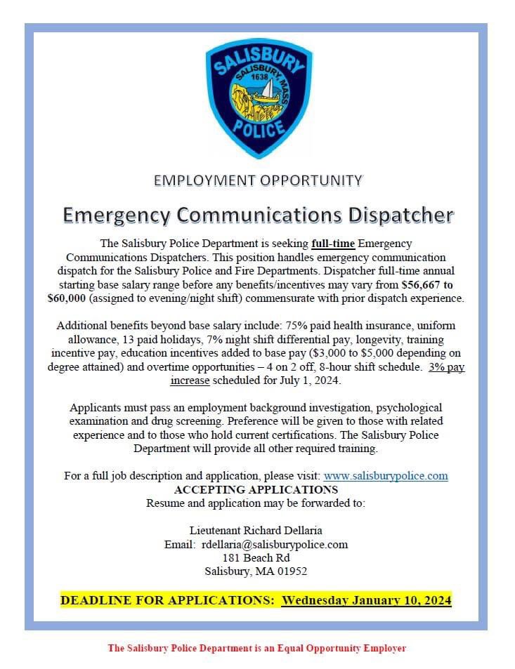 We are currently accepting applications for full-time Dispatchers.  Come be a part of our team!

This is a great opportunity for those interested in an exciting career-change or for anyone interested in Law Enforcement or Fire/EMS to gain valuable experience.  Apps due 1/10/24.