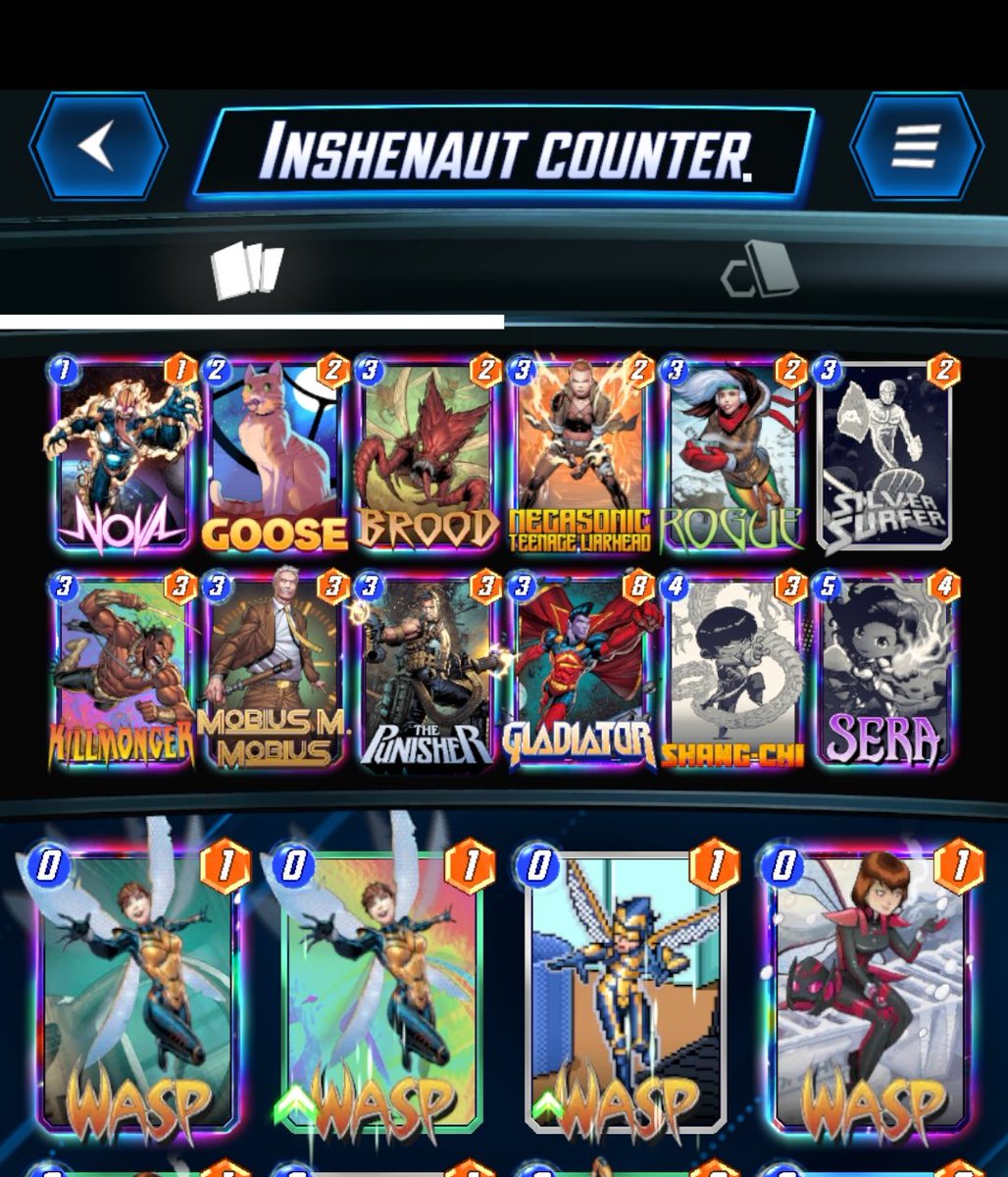 Nonosung's tweet photo. Start this season seeing a lot of Inshenaut Support. (Caiela Skaar) 
So I tech it all 
Rogue on Caiela 
Mobius on She Hulk Wave Shocker 
Goose just good 
Killmonger on Sun misty nebula 
Shang in Surfer is big surprise
As F2P I don't have Seb so Punisher GO!!
#Snapdeck #MarvelSnap https://t.co/tsugxiffKs