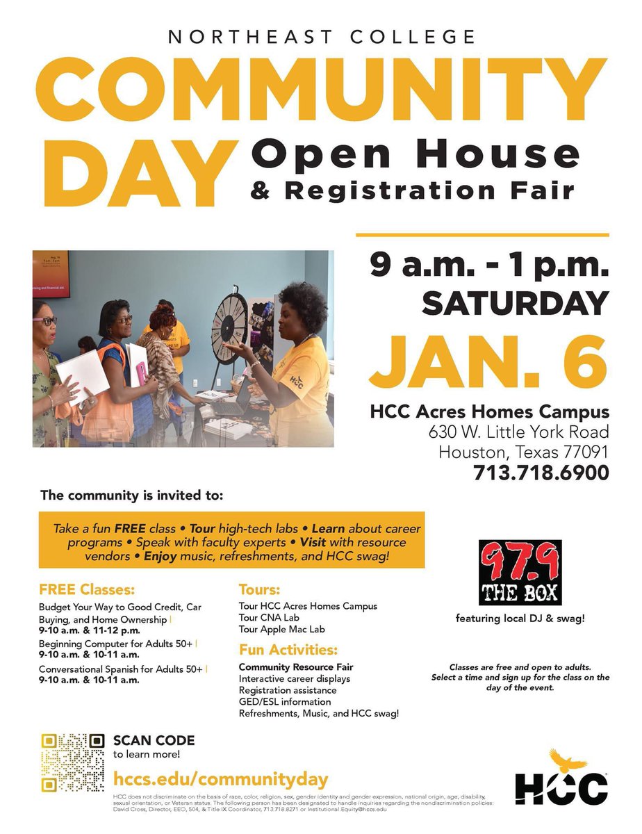 Join us this Saturday, January 6th for the Northeast College Community Day Open House and Enrollment Fair!. Explore HCC Acres Homes Campus, 630 W. Little York Rd., 9AM-1PM. Don't miss your chance to take a fun class for FREE!. HealthierHOU #GoHealthyHouston #realstories