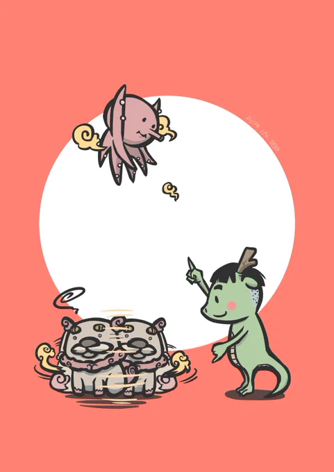 1/4 お正月にはタコあげて 狛をまわして遊びましょう  #イラスト #一日一絵