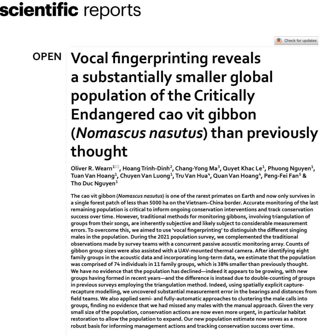 Out today⚡️ Gibbons have different voices (just like we do) and we can exploit this to count populations more accurately. We applied this idea to one of the rarest primates on Earth, finding that it's much closer to extinction than we previously thought. nature.com/articles/s4159…