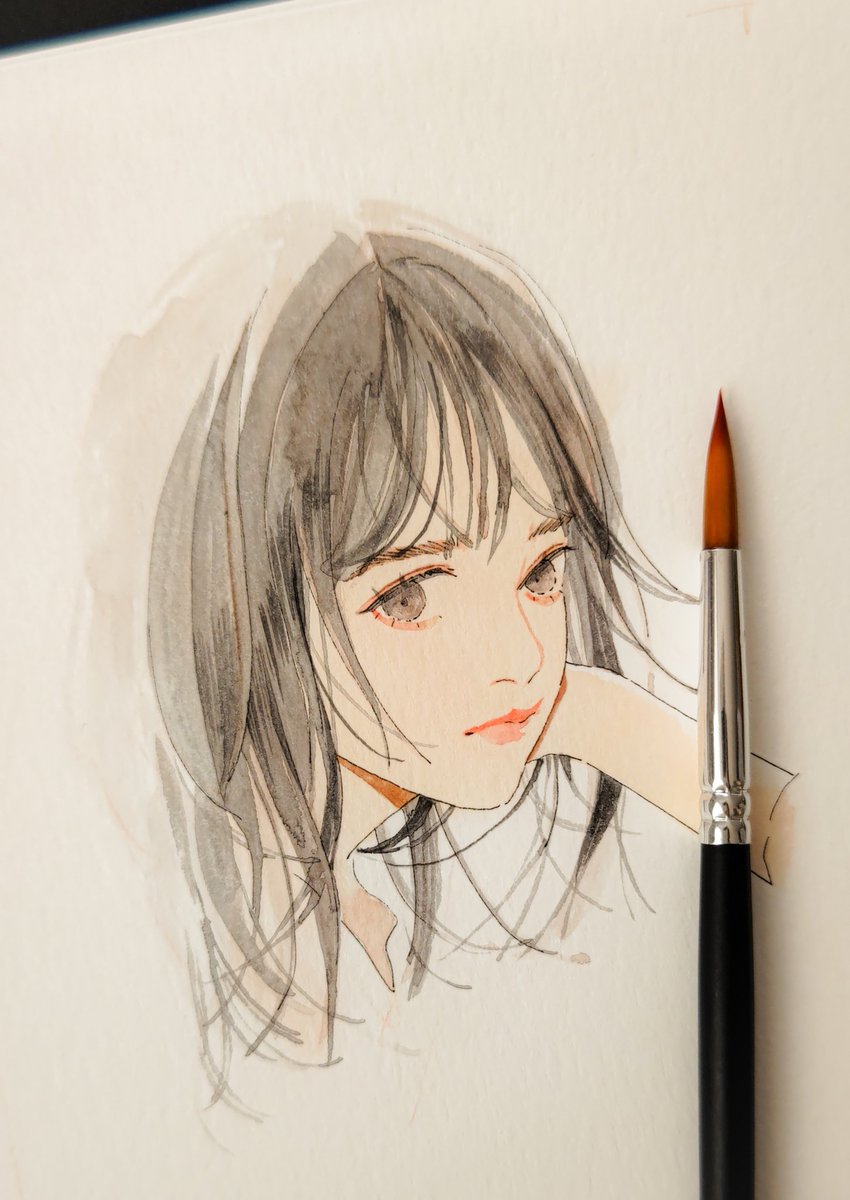 1girl solo traditional media looking at viewer portrait brown hair pencil  illustration images