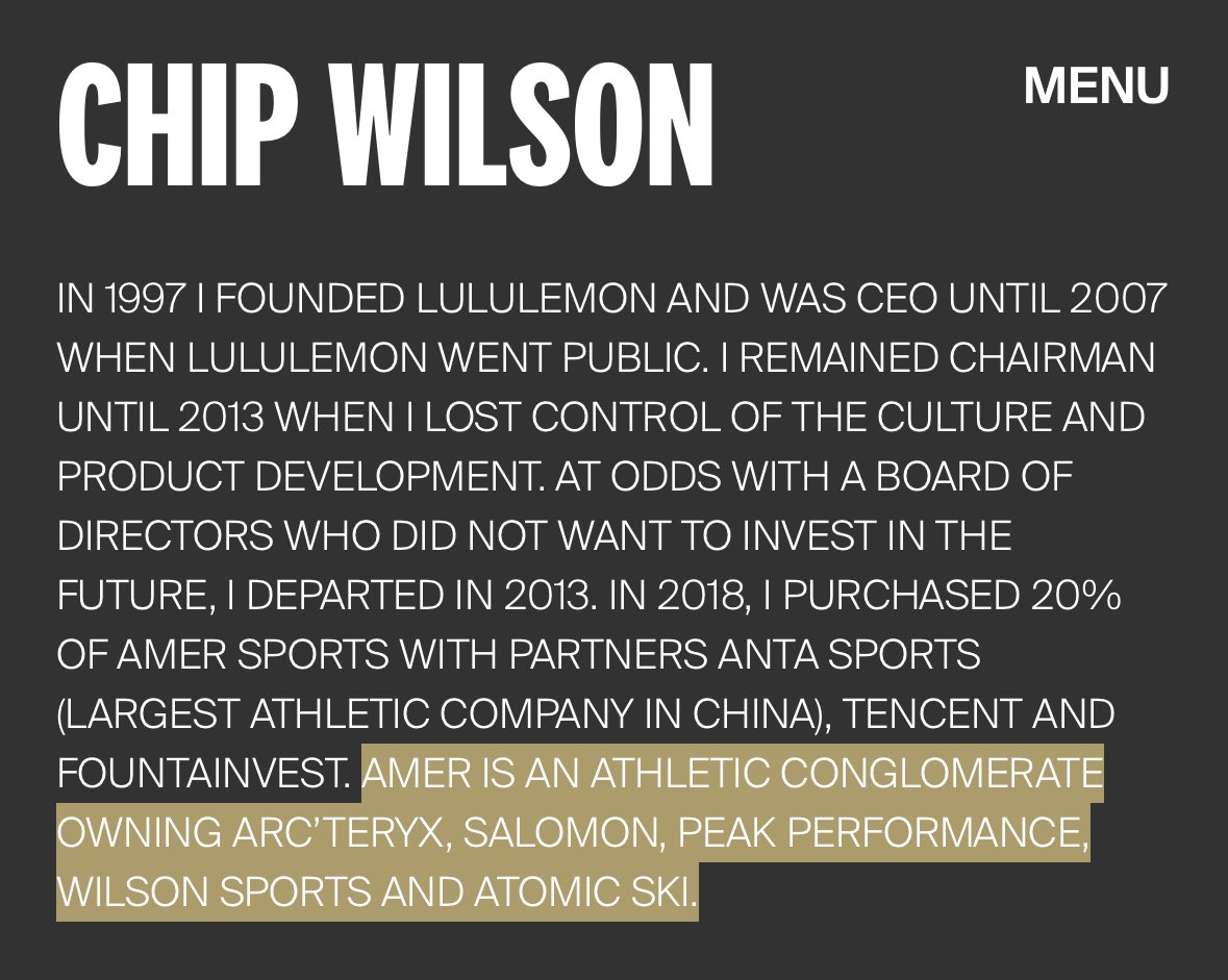 pwalm2's tweet photo. Just a reminder that this prick has nothing to do with Lululemon anymore, but he does own a 20% stake in Arc’teryx and Salomon https://t.co/PJJCpkbAx0