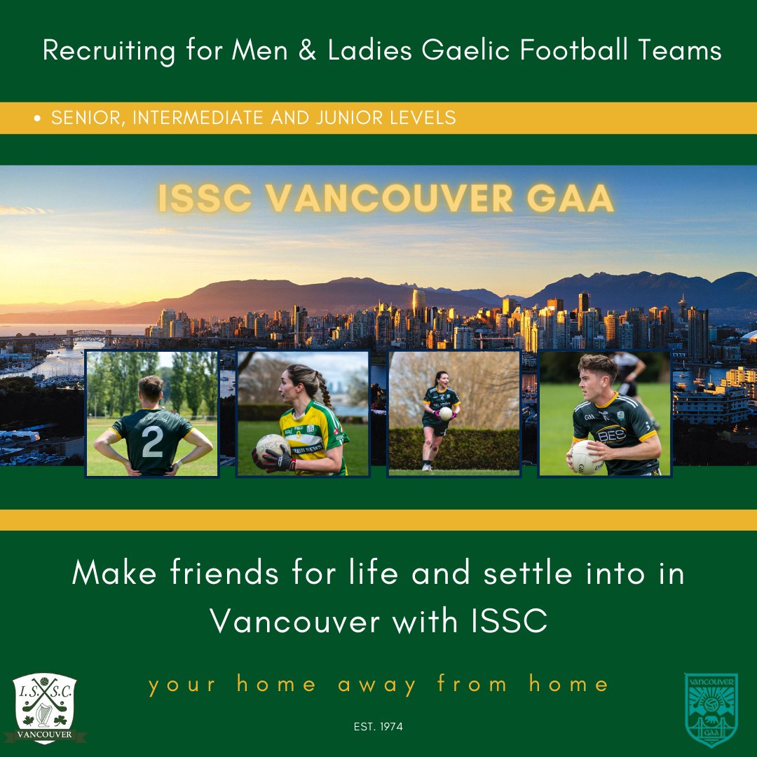 GAELIC FOOTBALL IN VANCOUVER🏐🇨🇦

Join Vancouvers' oldest and most successful GAA club🟩🟨

We offer help with jobs, accommodation and all bits in between! Get in touch 📩

#ISSCAbu #ISSCVancouver #Vancouver #GAA #LGFA #CanadaGAA #VancouverGAA #IrishInVancouver #GaelicFootball