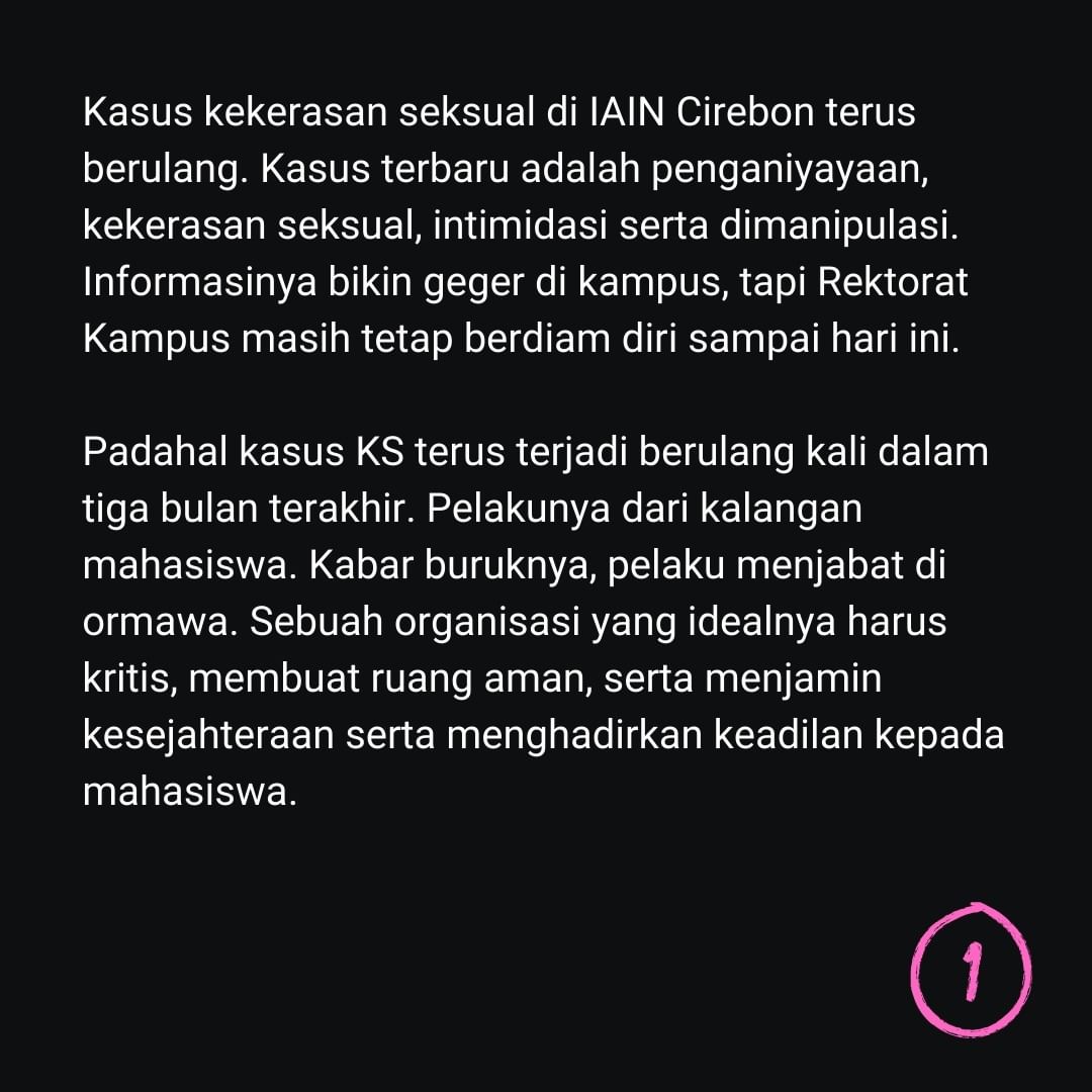 iaincerbon's tweet photo. Kami menyatakan sikap atas maraknya kasus kekerasan seksual di kampus. Meski banyak korban yang terus berjatuhan, kampus tidak proaktif dalam menangani kasus KS. https://t.co/mPPWzq1Wf4