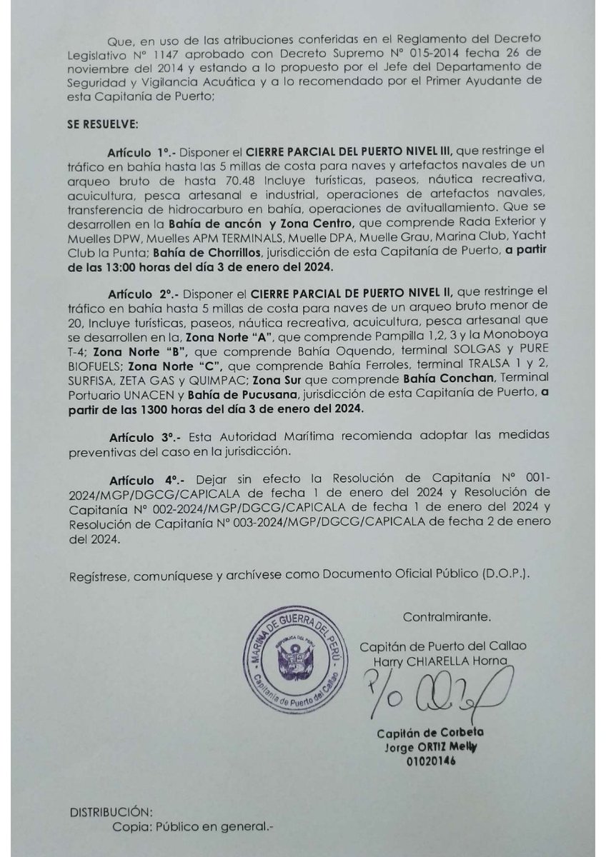 #ComunicadoAduanero La Capitanía emitió la Resolución donde dispone el cierre parcial del Puerto del Callao, que comprende los muelles <a href="/APMTerminals/">APM Terminals</a> Callao y <a href="/DPWorldPE/">DP World Perú</a> 

Se invita a todos los Operadores de Comercio Exterior tomar las medidas del caso. |👷🏻‍♂️ aduaneroperu.com
