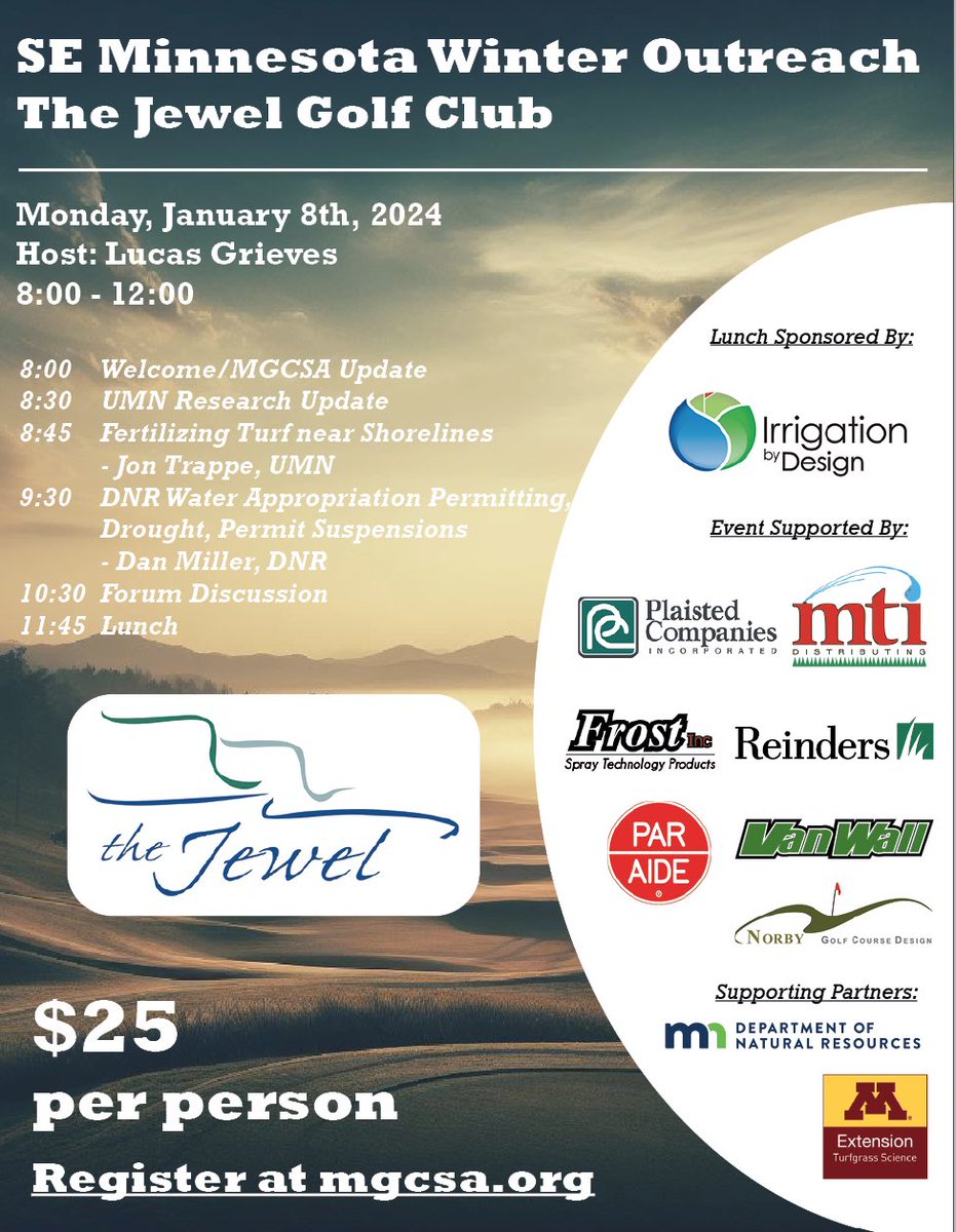 Time is running out.
Calling all golf personnel. Get signed up for the SE Minnesota outreach event at The Jewel Golf Club. Come spend some time with your peers and discuss today’s issues. I look forward to seeing you all there. <a href="/MnGCSA/">Chris Aumock</a> 
mgcsa.org/event-5446241