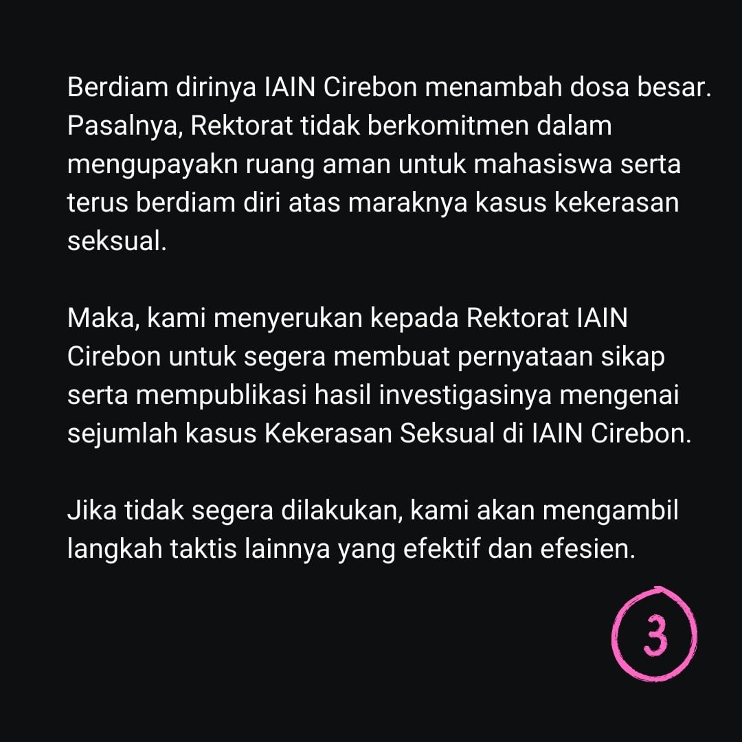 iaincerbon's tweet photo. Kami menyatakan sikap atas maraknya kasus kekerasan seksual di kampus. Meski banyak korban yang terus berjatuhan, kampus tidak proaktif dalam menangani kasus KS. https://t.co/mPPWzq1Wf4