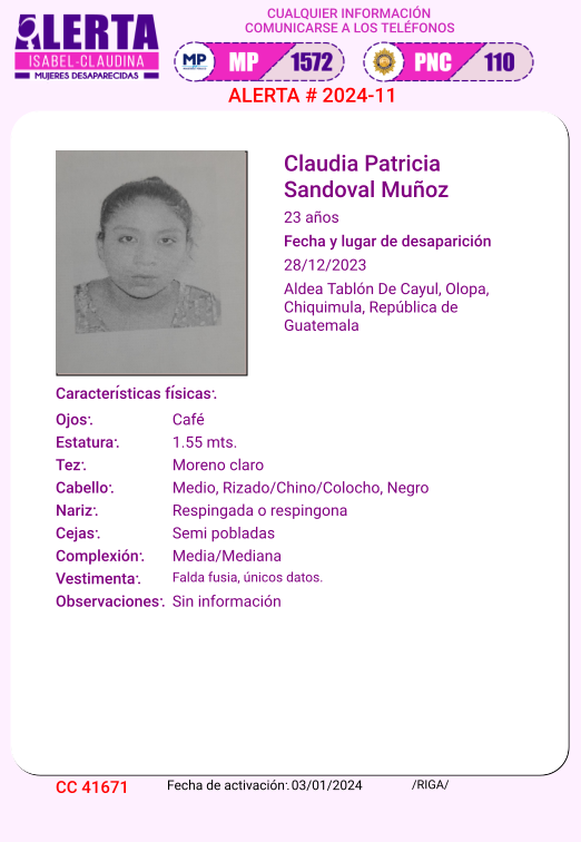 isabel_claudina's tweet photo. AlertaIsabelClaudina#
🚨 Ayúdenos a encontrar a

Claudia Patricia Sandoval Muñoz
Desapareció  el 28de diciembre de 2023
 Cualquier información comunicarse al teléfono 📞 1572
Gracias por difundir esta información❗ https://t.co/9l2KvEk5WI
