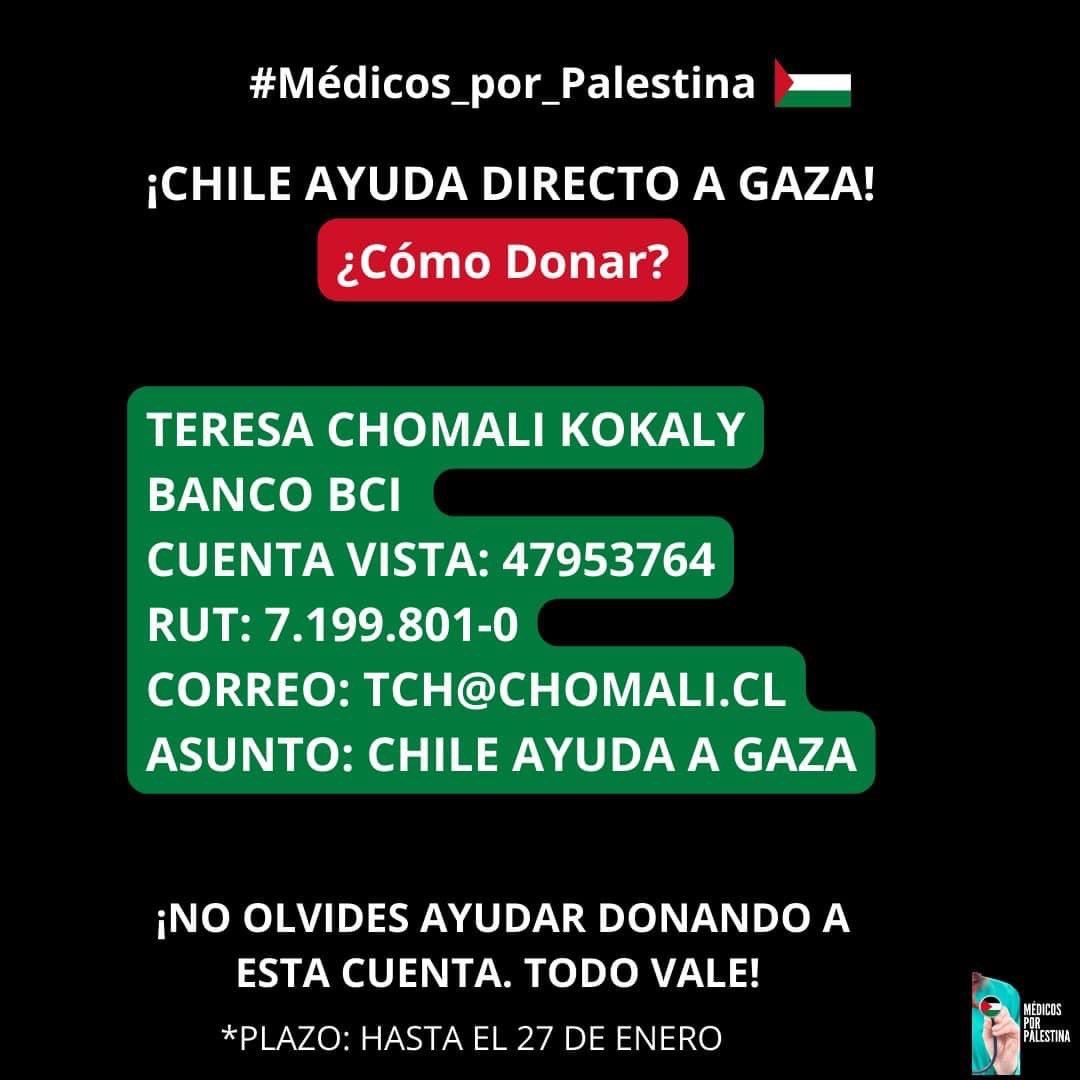 Nos sumamos !!!
Por favor no se olviden de donar.  Es para comprar insumos Médicos y Quirúrgicos directo para Gaza!!!!   Todo sirve!!! Plazo 27 de enero 2024. Gracias!!!!
<a href="/DraChomali/">Dra. Teresa Chomali</a> <a href="/FearabAmerica/">Fearab América</a>