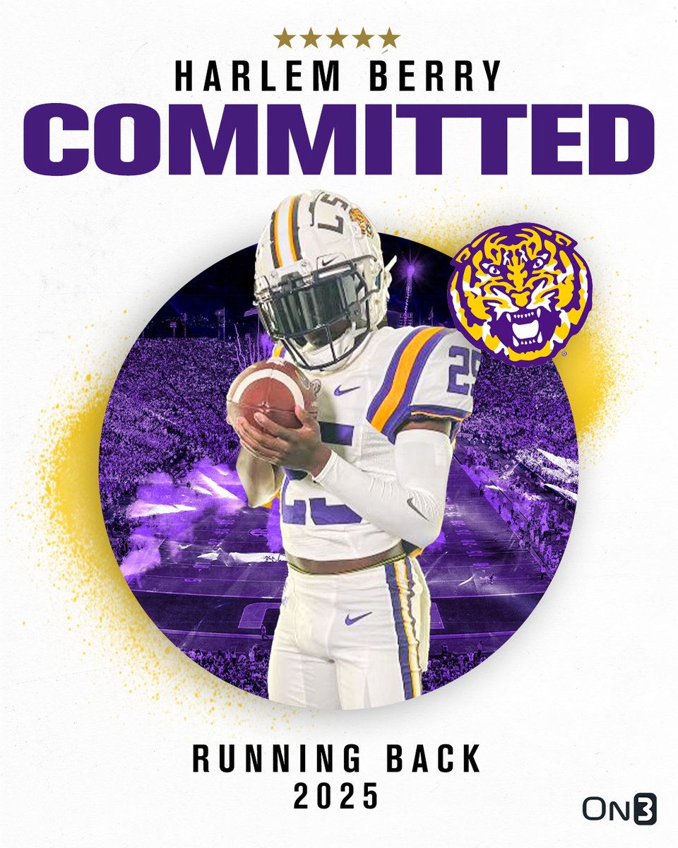 🚨BREAKING🚨 2025 5-star RB Harlem Berry has committed to LSU🐯 He ranks No. 7 NATL. (No. 1 RB) in the 2025 On300‼️ More from @samspiegs: on3.com/college/lsu-ti…