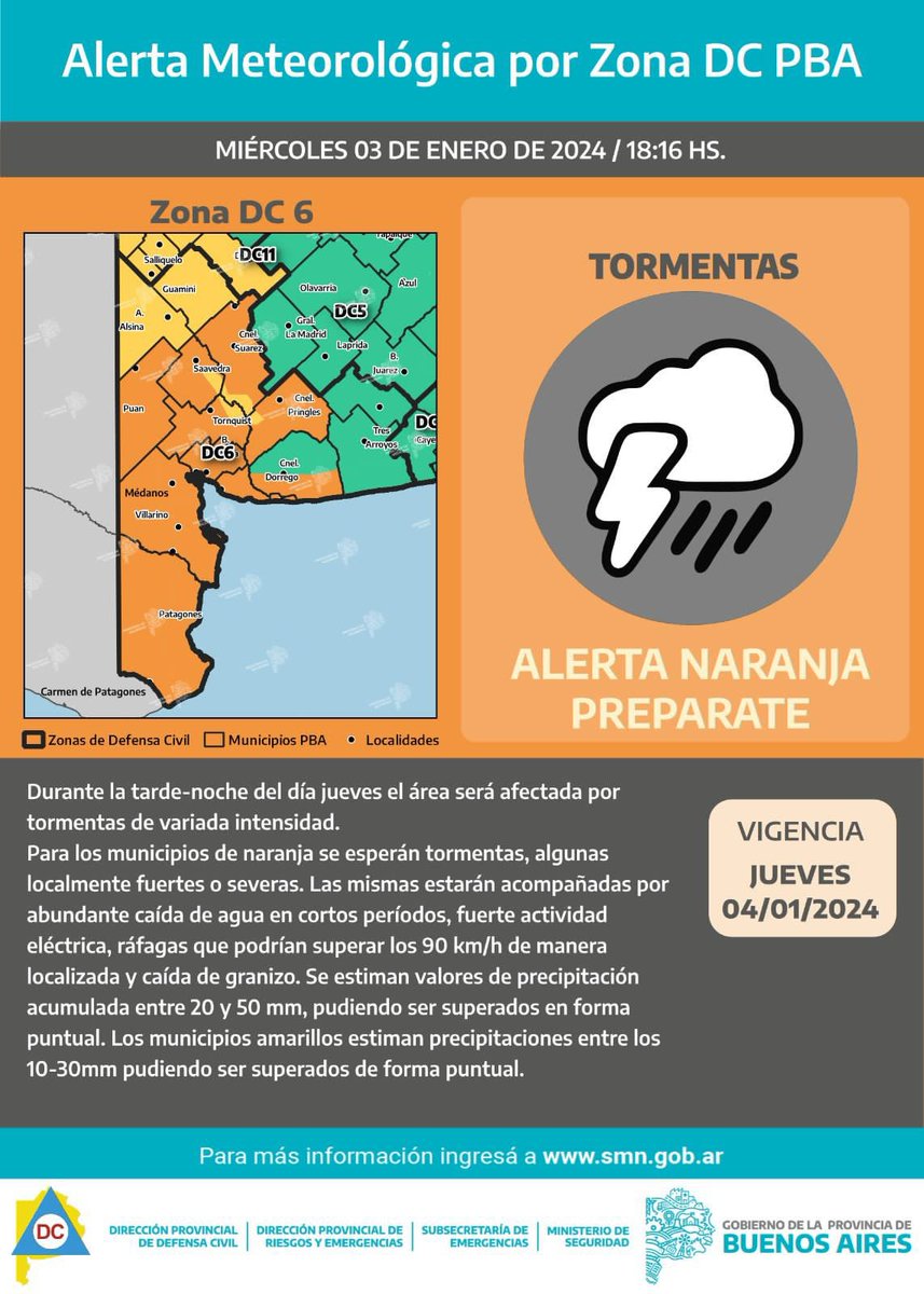 BAProvincia's tweet photo. ⚠️ | Información importante 

⛈️ El Servicio Meteorológico Nacional emitió un alerta por tormentas para la tarde - noche del día jueves.

Recordá seguir las recomendaciones de tu municipio y organismos oficiales. https://t.co/LjzjMnV5Jc