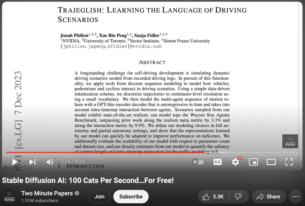 Very cool to see Trajeglish share the stage for a minute with @StabilityAI SDXL Turbo in last week's @twominutepapers video! video: youtu.be/Iol2rb65aSk?si… Trajeglish: research.nvidia.com/labs/toronto-a… 1/3