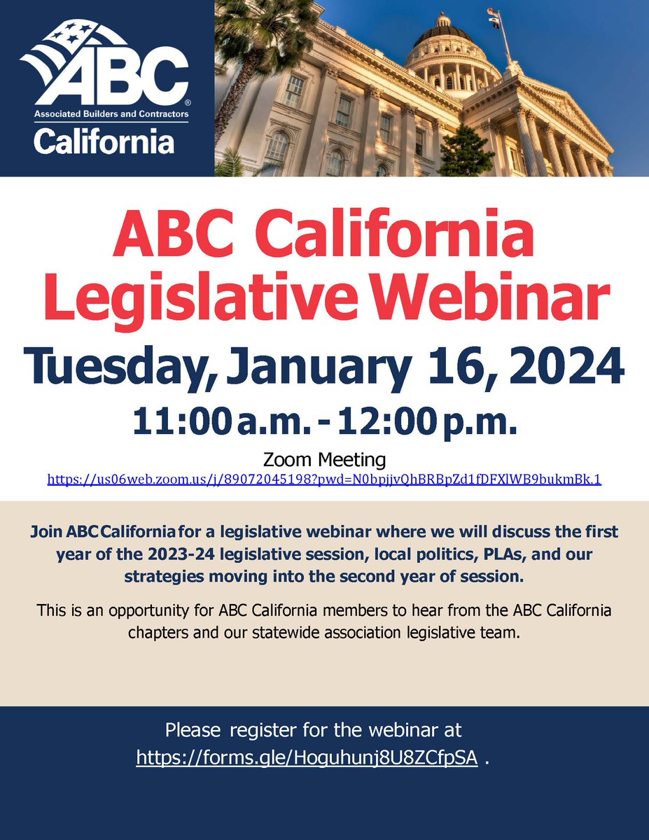 Don't forget to register for ABC California's Legislative Webinar! You can register at forms.gle/9aJ2pPvrSaWX7h…. The Webinar will be via Zoom at us06web.zoom.us/j/89072045198?….
