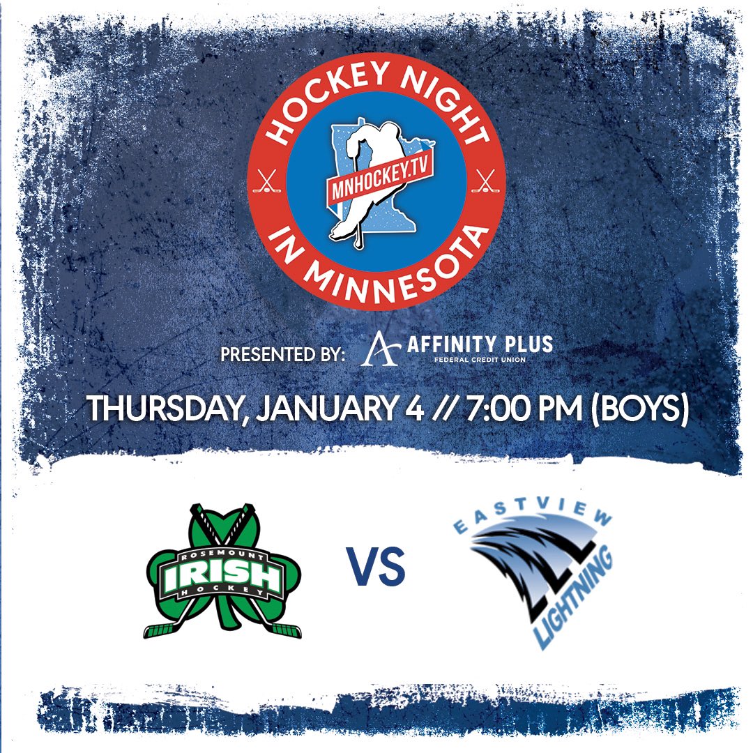 EVBoysHSHOCKEY's tweet photo. Tomorrow is Hockey Night in Minnesota!  We got a big game against long time conference rivals Rosemount Irish. It is so big that Minnesota Hockey TV/KARE 11 App! is live streaming the game!  We need all fans at Rosemount to cheer on your Eastview Lightning! 💙⚡️🏒#fearnobody https://t.co/Q05JNc0NCd