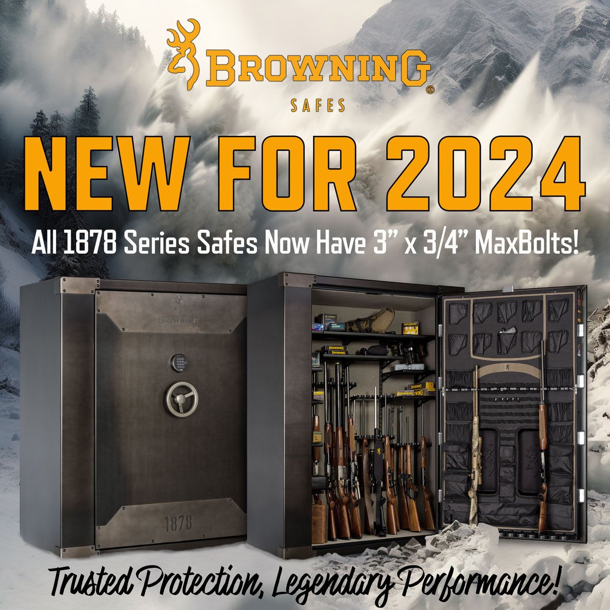 BrowningSafes's tweet photo. New for 2024, #BrowningSafes has replaced the 1-1/4" chrome bolts with 3" x 3/4" #MaxBolts to all 2024 #1878Series safes. Now you get increased protection from pry attacks. Pricing starts under $2,950 for the 1878-13. See it now at https://t.co/ph56FlbMvc https://t.co/mlV2qw6H6x