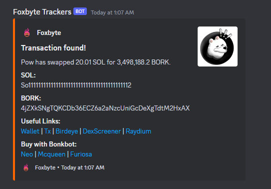 Did you catch $BORK? BORK is up 1,000% since launch and our trackers picked up the token including a pickup from Pow Join our server and get full access to our trackers to catch more meme coins! Requires 1x Foxbyte NFT