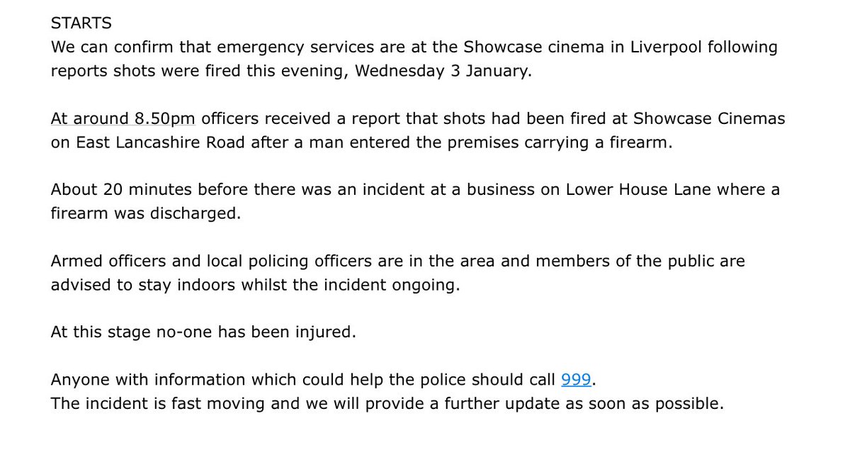 POLICE UPDATE: Nobody injured so far… incident ongoing: ➡️ Shots fired at Showcase Cinema on East Lancs Road (8.50pm) ➡️ Man entered cinema with a firearm ➡️ Shots fired at business on Lower House Lane 20 mins earlier
