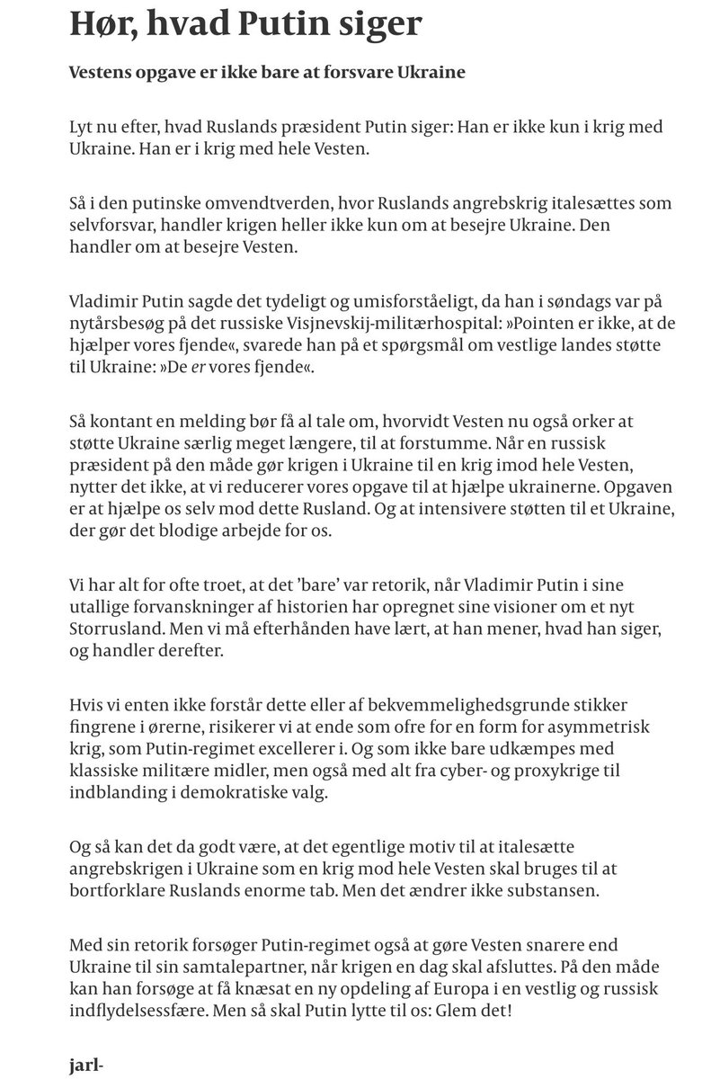 clausmat1's tweet photo. Vigtig leder i Politiken i dag. https://t.co/O0NeuPhF9U
