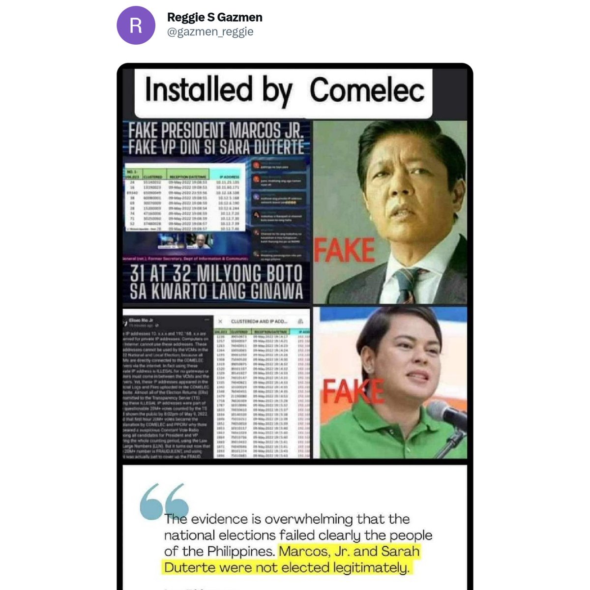 Benj2point0's tweet photo. Relook through surveys and exit polls. Count all registered voters. Check out the breakdown of votes. Add. The proof that the vast majority of voters installed them is overwhelming. Huy @lenirobredo educate your minions para di sila mukhang tangang tulad mo. https://t.co/U1VJTTPco4