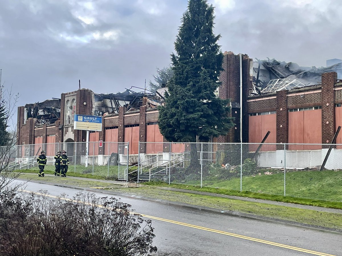 Update 2: Crews continue to work the hotspots, and will be here over night to monitor and address any flare-ups. The roads adjacent to the school will remain closed until tomorrow.