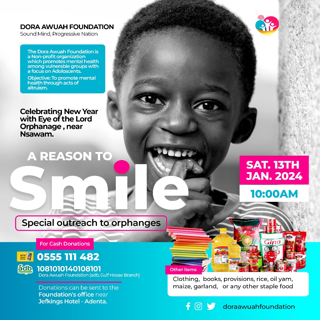 dora_awuah's tweet photo. A Reason to Smile 2024.
A New Year's Special outreach/donation exercise to orphanages by the Dora Awuah Foundation.
Date: 13th January,2024.
Time: 10 AM
Location: Eye of the Lord Orphanage near Nsawam.
Cash donations can be sent to our Mobile money number: 0555111482
#DAF https://t.co/rCy4nBne6L