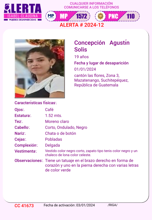 isabel_claudina's tweet photo. AlertaIsabelClaudina#
🚨 Ayúdenos a encontrar a

Concepción Agustín Solis
Desapareció  el 01de enero de 2023
 Cualquier información comunicarse al teléfono 📞 1572
Gracias por difundir esta información❗ https://t.co/MrcHsG2dxH