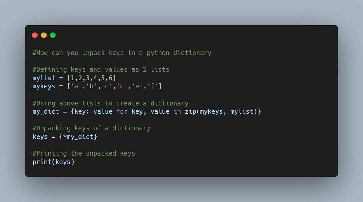 bhatnagardaksh1's tweet image. Dictionary unpacking in #Python efficiently extracts and provides access to the keys of a dictionary as a set.

For instance, if you want to identify common keys between two #dictionaries, you can use set intersection, improving #codereadability and performance simultaneously.