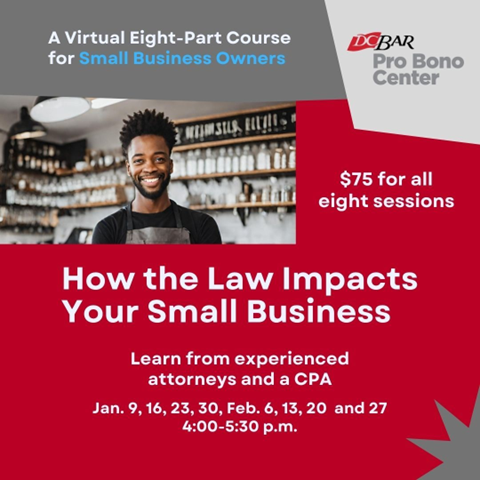 Only one week left to register for our 8-part course teaching the legal basics for small businesses in D.C.! Join the Pro Bono Center, @smallbizdc, and @DCSBDC to learn about formation, employment law, IP, risk management, and contracts! Register now: probono.center/smallbizcourse…