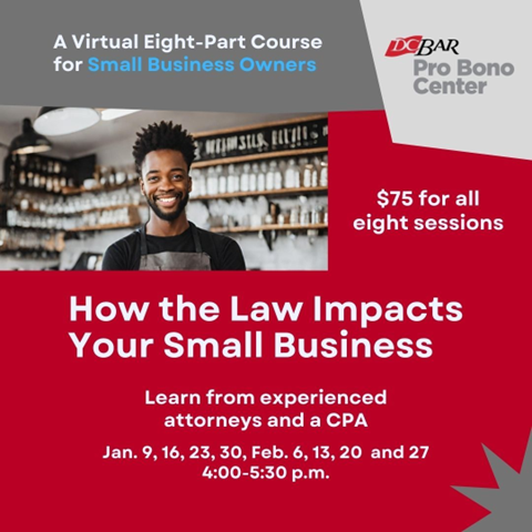 DCBarProBono's tweet photo. Only one week left to register for our 8-part course teaching the legal basics for small businesses in D.C.! Join the Pro Bono Center, @smallbizdc, and @DCSBDC to learn about formation, employment law, IP, risk management, and contracts! Register now:  https://t.co/49ZxBr82KY https://t.co/LaRJXSJj0e