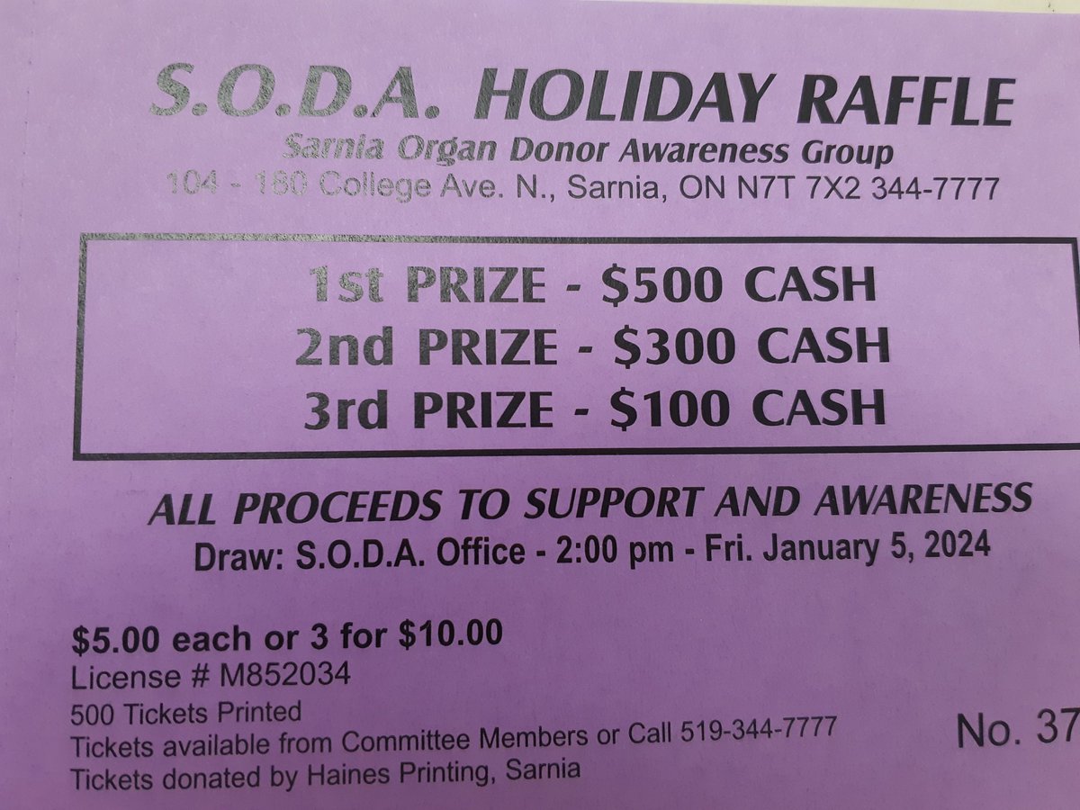 SarniaDonors's tweet photo. Last call! We have a few tickets left, draw is Friday. https://t.co/9Kn82jvIYz