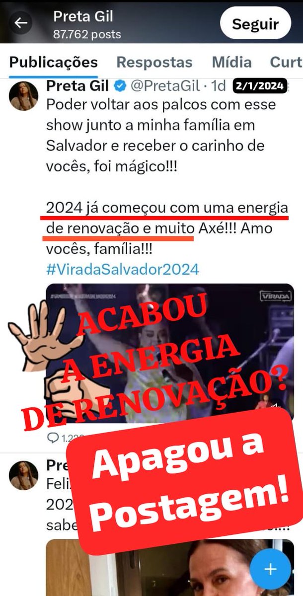 denise47613384's tweet photo. A canalha da Preta Gil apagou postagens no Twitter (X)
ACABOU A ENERGIA DE RENOVAÇÃO?
FALTOU AXE?
#Choquei 
#PretaGil
#Mynd8
#AcabouAEnergia
#Jessica
#JusticaPorJessica https://t.co/Yn7JyXu90h