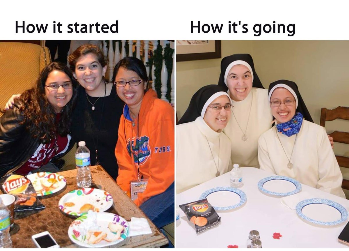 Sachinettiyil's tweet photo. Reposting a SEEK story 

Eight years ago, Sr. Kathryne of the Holy Trinity Cornista Lopez, Sr. Lourdes of the Holy Eucharist Rebecca Furnells and Sr. Tonia of the Heart of Jesus Borsellino were students at the University of Florida. All three were in various stages of discerning a vocation to religious life when they attended the FOCUS SEEK 2015 conference. The first picture was taken during the conference. Their individual paths led them to join the Mercedarian Sisters of the Blessed Sacrament at different times and they are now all Temporary Professed Sisters!