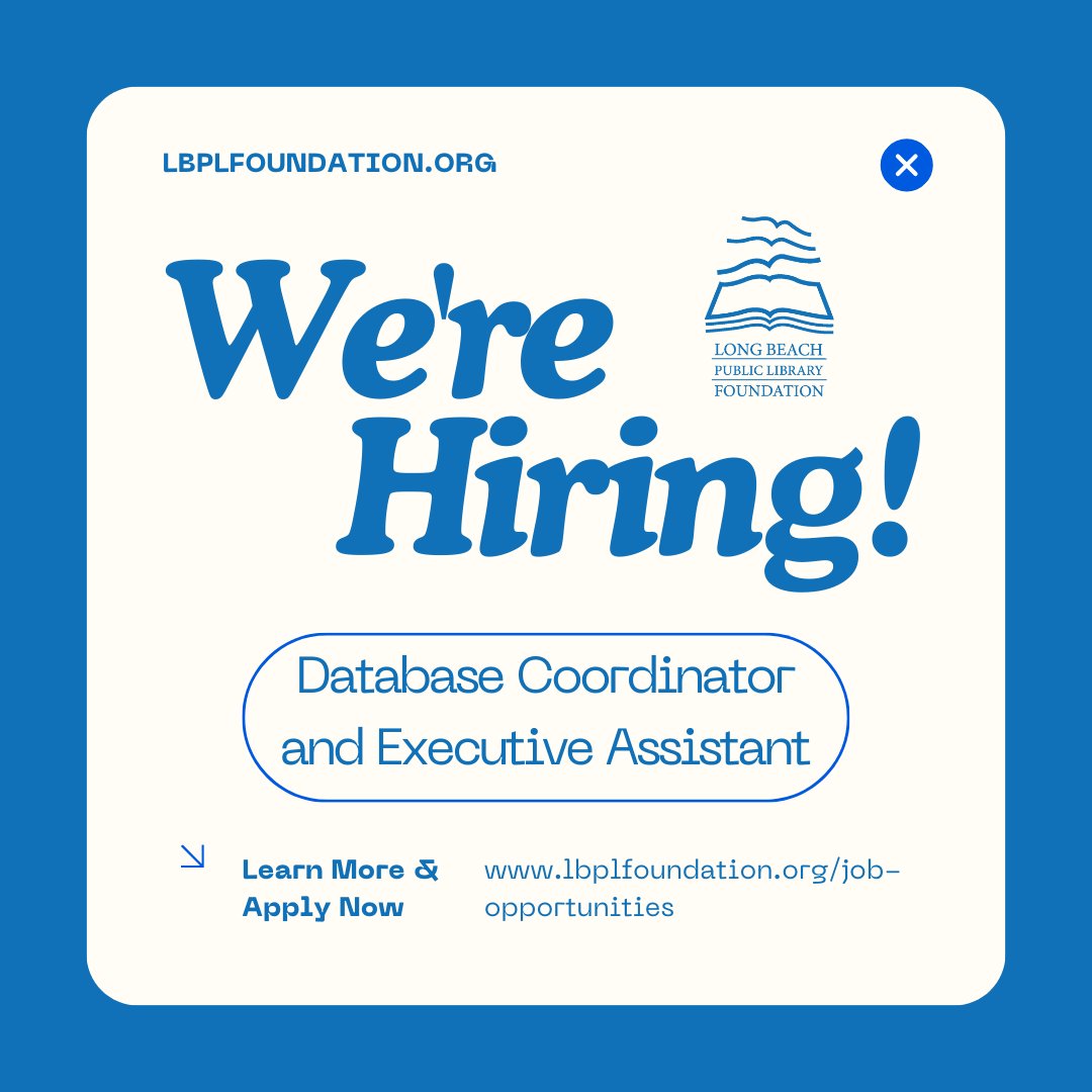 LBPLFoundation's tweet photo. Join our team! We're hiring for a part-time Database Coordinator and Executive Assistant. Learn more and apply on our website: https://t.co/mZICI0WWge 

#lbplf #nonprofitjobs #joinourteam #longbeachjobs #nonprofit https://t.co/xBItBprzDQ