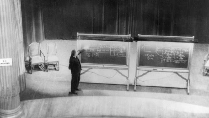 This is reportedly the only known photograph of Albert Einstein explaining his famous equation 'E = m c2' on a blackboard. (via @phalpern)