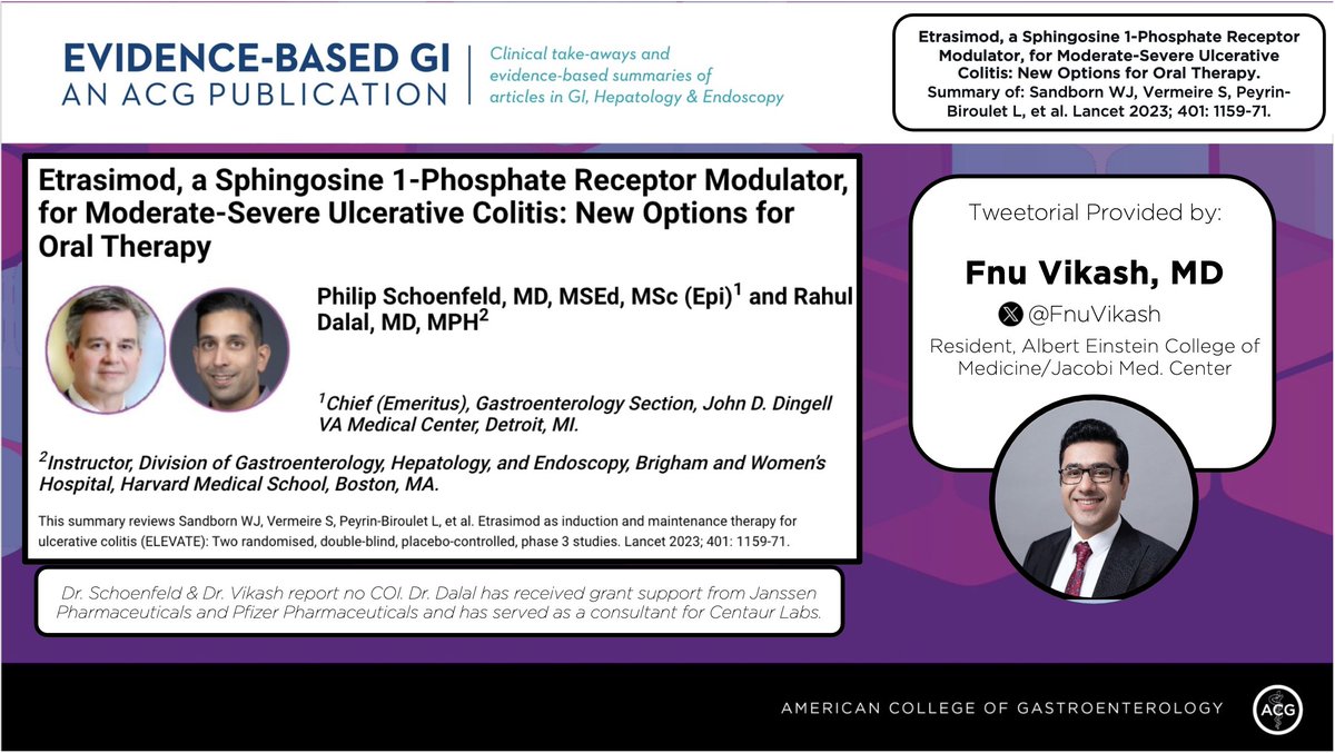 ACG_EBGI's tweet photo. 1/⏰ for #EBGI Tweetorial🧵w/ @FnuVikash

“Etrasimod, a Sphingosine 1-Phosphate Receptor Modulator, for Moderate-Severe Ulcerative Colitis: New Options for Oral Therapy”

📜Summary: https://t.co/ZWdfgS4yF2
🎧https://t.co/RgVd964liY
📰https://t.co/CXg6hapGux @TheLancet

#GITwitter https://t.co/Awh1ydP9pP