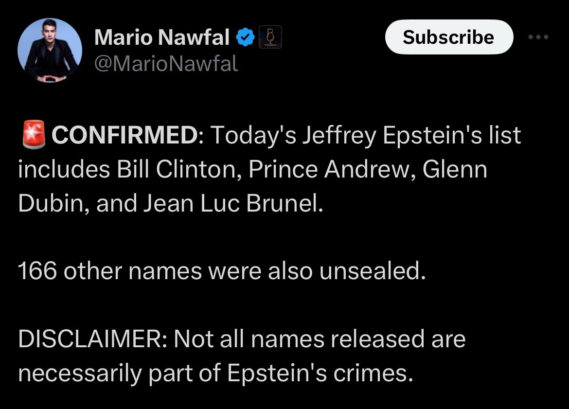 🚨 JEFREE EPSTEIN NAMES, VIA MARIO NAWFAL. We are still working on all names.