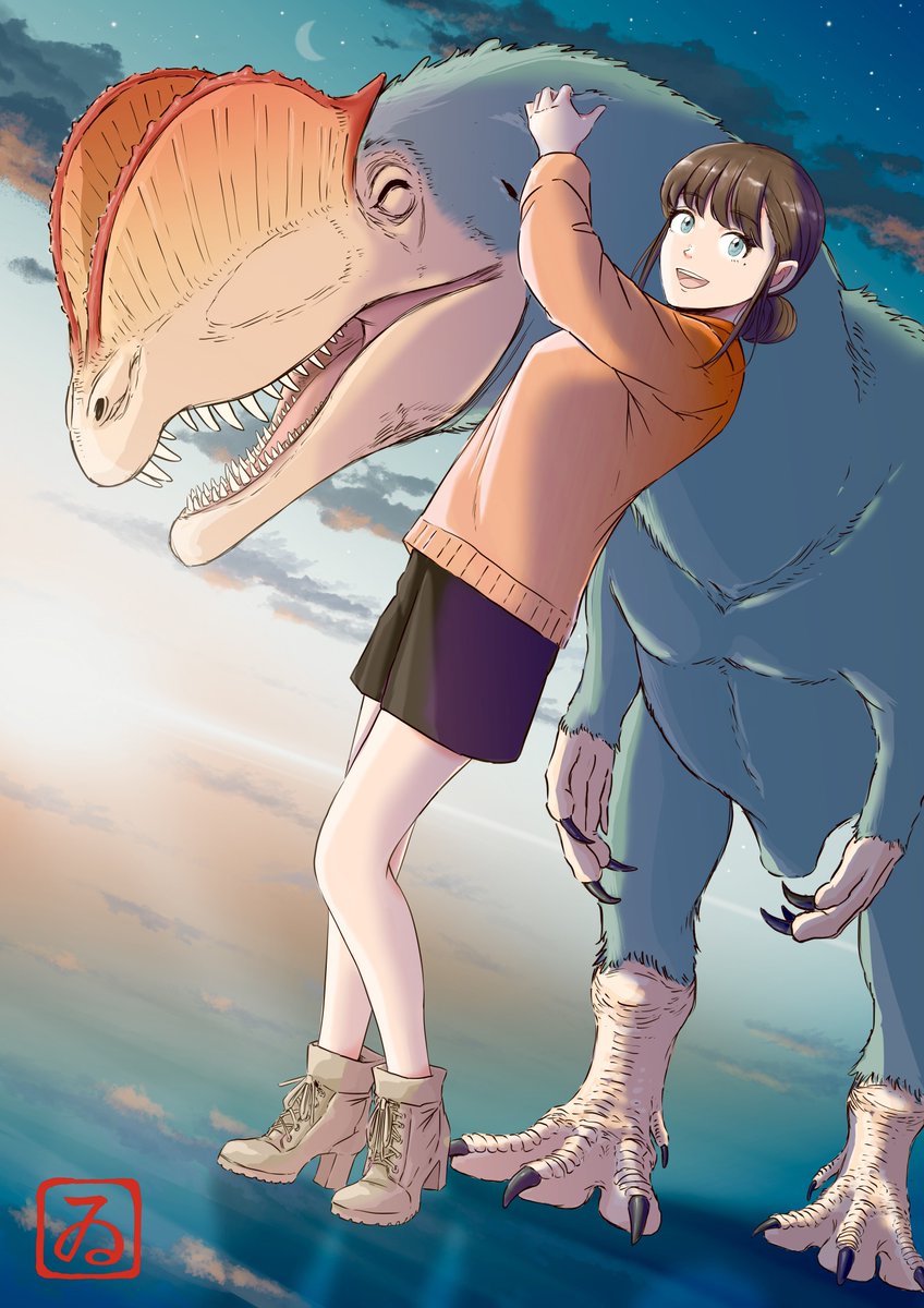 1girl skirt brown hair sweater sky open mouth dinosaur  illustration images