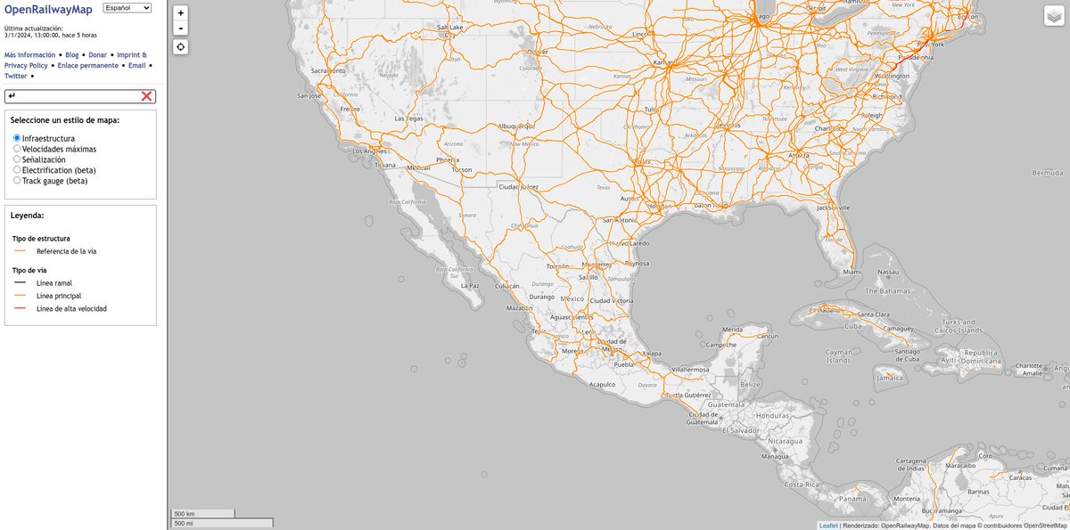 asalmendez's tweet photo. ¿Eres un apasionado de los ferrocarriles y los mapas? Entonces, esta página es para ti. Te presento OpenRailwayMap, uno de los muchos proyectos basados en #OpenStreetMap.
#OpenRailwayMap es un mapa detallado de la infraestructura ferroviaria del mundo, creado por personas como tú y de uso libre bajo una licencia abierta. En este mapa puedes ver el resultado del trabajo de cientos de mapeadores que añaden día a día los miles de kilómetros de vías férreas que existen en el planeta. No importa el ancho de vía, el tipo de sistema de transporte férreo o el país donde se encuentre, seguramente ya está integrado en este mapa.
Si quieres formar parte de esta comunidad de mapeadores y contribuir a mejorar el mapa ferroviario del mundo, te invitamos a visitar la página web de OpenRailwayMap, donde encontrarás toda la información necesaria para empezar. También puedes consultar la wiki de OpenStreetMap, donde hay una sección dedicada a OpenRailwayMap con consejos, ejemplos y etiquetas para mapear correctamente los elementos ferroviarios.
¡Anímate a participar en este proyecto tan interesante y divertido! Estarás colaborando con una causa noble y aprenderás mucho sobre los ferrocarriles y los mapas.
Mapa: https://t.co/E5B6KZVK5r