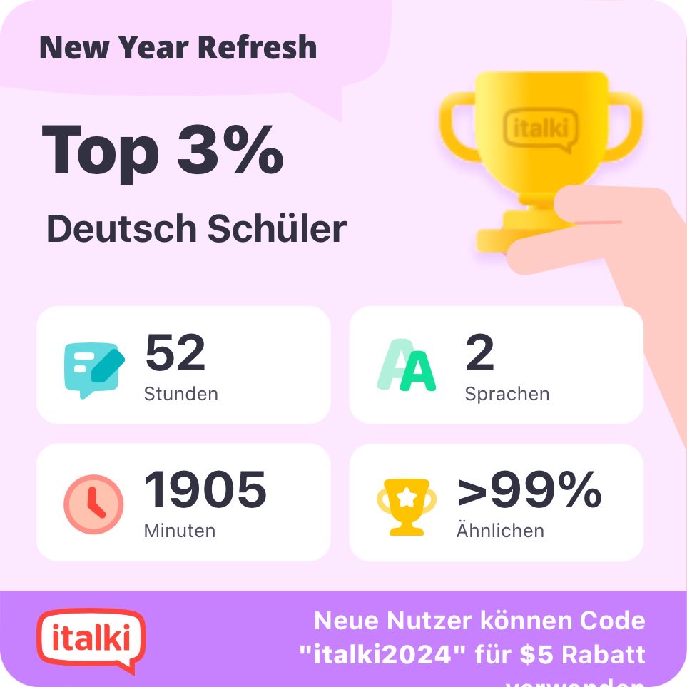 [Hinterlassen Sie uns einen Kommentar!]

*Verwenden Sie den Code „italki2024“ und erhalten Sie $5 in italki-Credits gratis. Nur für kurze Zeit!
italki.com/campaign/italk… 
<a href="/italki/">italki</a> #italkiRefresh