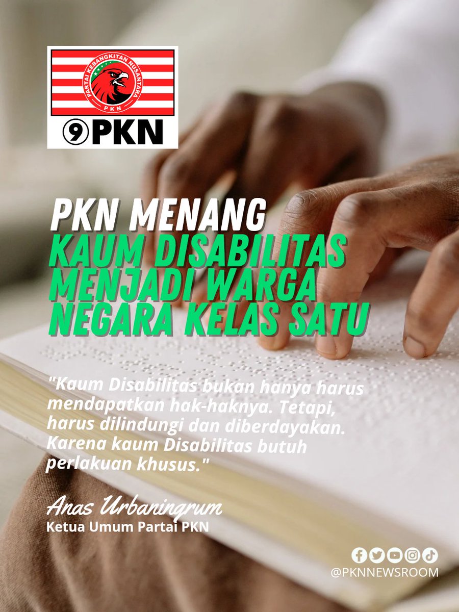 Partai PKN serius dalam memperjuangkan hak-hak kaum Disabilitas. Kalau PKN menang, PKN akan fokus memperjuangkan hak-haknya.

#disabilitas #disabilitasindonesia #partaikebangkitannusantara