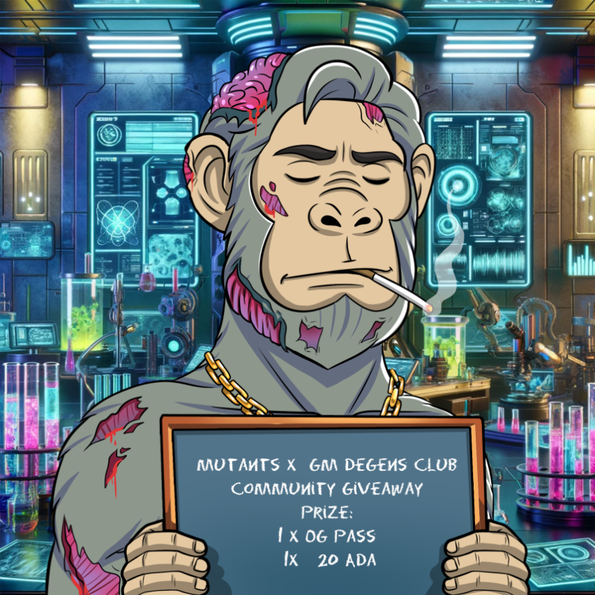 Mutants  X  GM Degens Club  🎊

Community Giveaway  

Winners: 2  🏆
Prize: 1 x OG Pass (35 ADA Floor)                     
1x 20 ADA  

Rules: 
Follow @Mutants &amp; <a href="/GM_DegensClub/">GM Degens Club $DEGEN</a> 
RT+ Tag 2 friends 

Ends in: 48 hours from this post