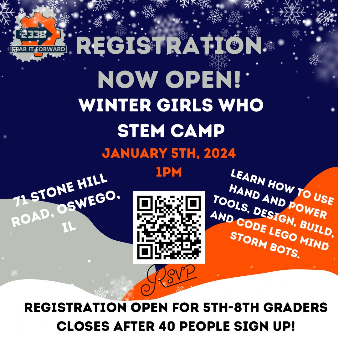 Don’t forget to sign up for the 2338 Winter Girls Who STEM Camp this Friday!!!!
#FIRSTisforeveryone #GirlsWhoSTEM