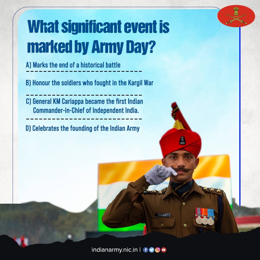 adgpi's tweet photo. Unlock the Legacy!

Share your answers in the comments below, and let's salute the honour etched in the heart of this proud Day!

#IndianArmy
#ArmyDayQuiz 
#ArmyDay2024 https://t.co/QyUWFwnsoU