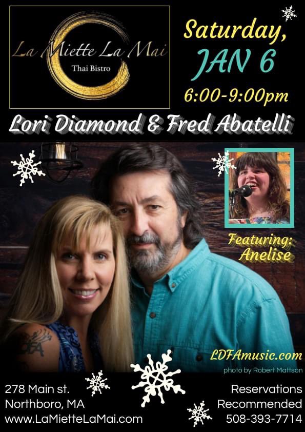 ❄️🎹🎤 Coming Up!! 

Saturday Jan. 6 ❄️ 6-9PM 
#LDFA and Anelise!! 

@LoriDiamond & Fred Abatelli 
#live at La Miette La Mai #Bistro 
#Northboro #MA 

Reservations: 508.393.7714 
Info: LDFAmusic.com 
🎶 @LadyLakeMusic #PR