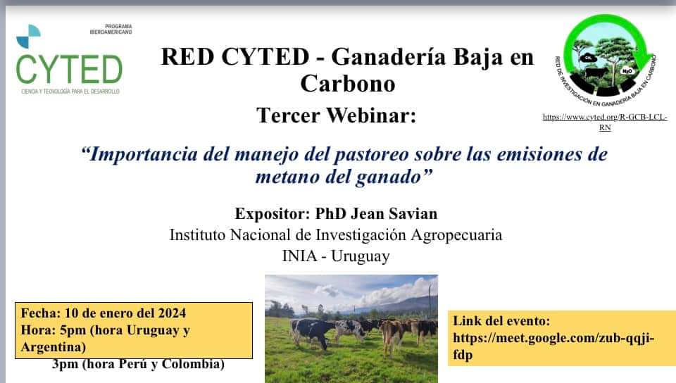 El próximo 10 de enero estaremos charlando sobre la importancia del manejo del pastoreo sobre las emisiones de metano del ganado.
Están todos invitados.
#RedCyted